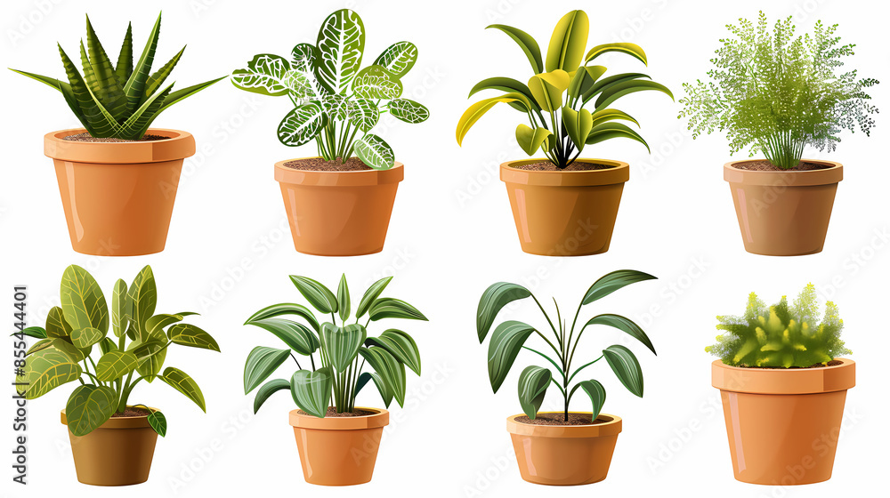 Obraz premium Set of different plants in pots isolated on white background illustration