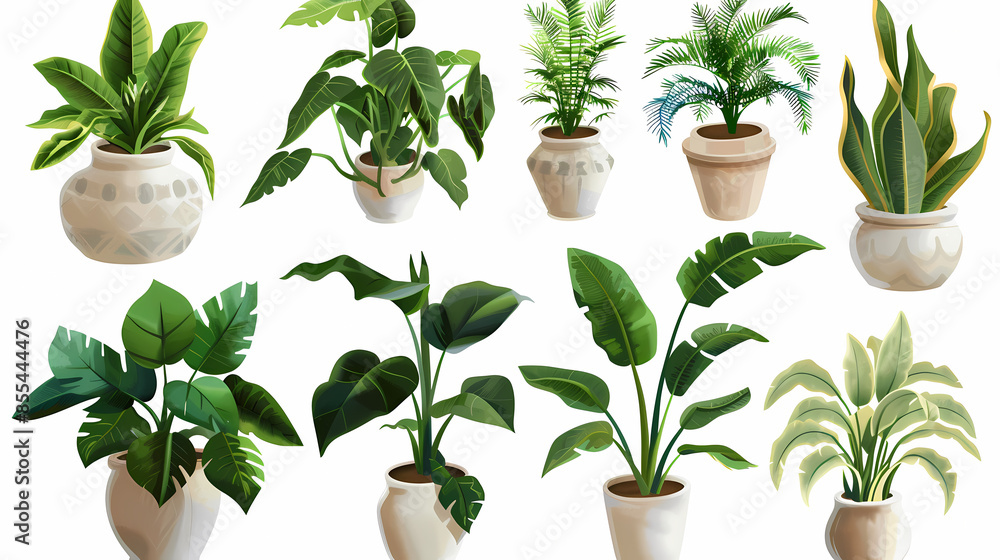 Obraz premium Set of different plants in pots isolated on white background illustration
