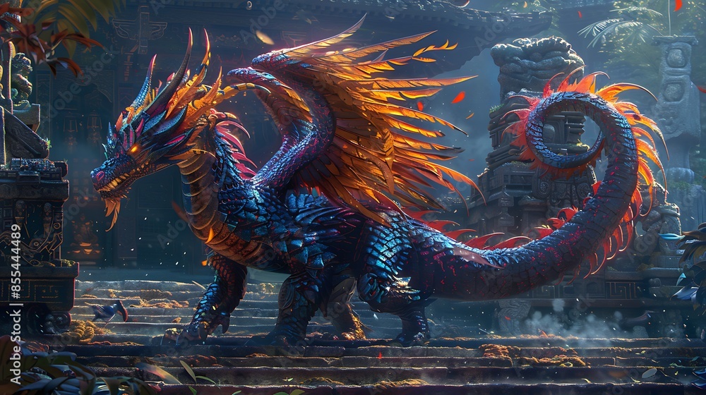 A brilliantly colored dragon with detailed patterns on its scales, standing guard at the entrance of an ancient, ornate temple. The dragon's feathers and fiery accents glow with a mystical energy, A brilliantly colored dragon with detailed patterns on its scales, standing guard at the entrance of an ancient, ornate temple. The dragon's feathers and fiery accents glow with a mystical energy,