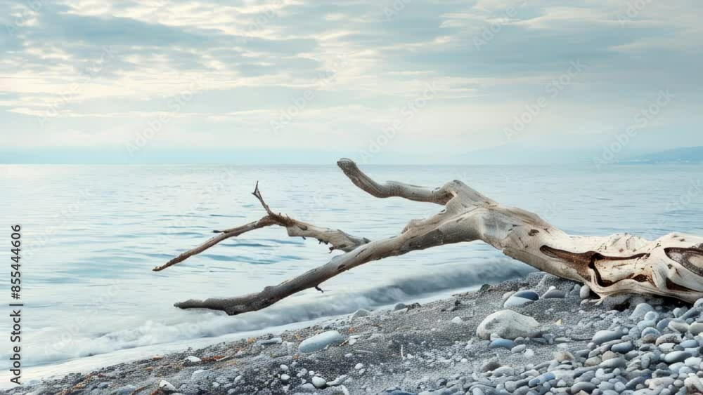 Driftwood on pebble beach by calm sea Driftwood on pebble beach by calm sea
