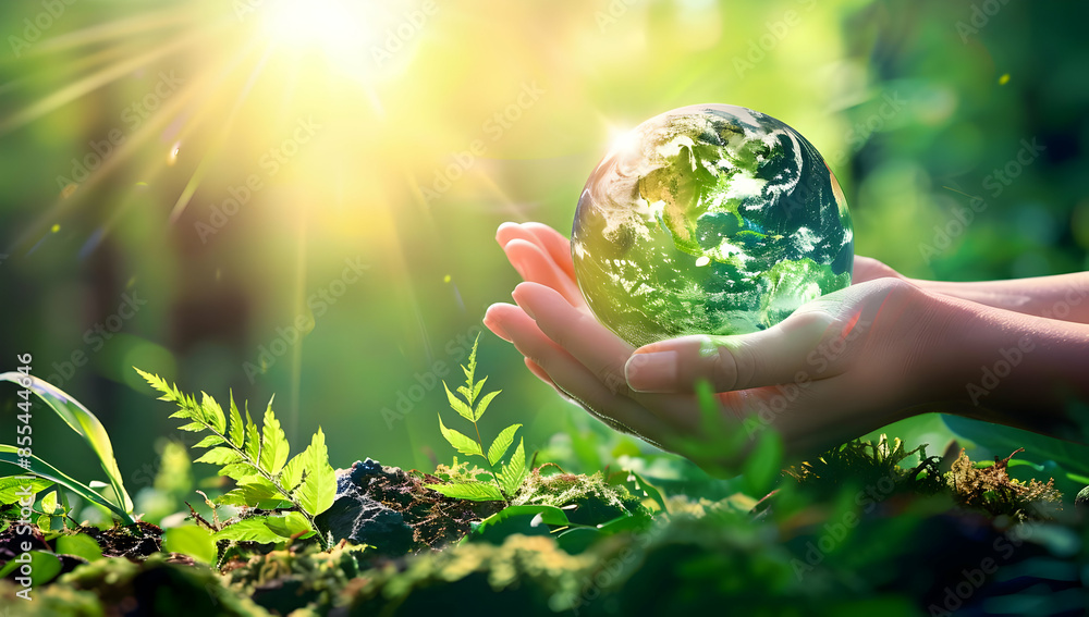 Hands holding a glass globe of the earth surrounded by greenery and sunlight. A symbol of environmental protection and sustainability. Hands holding a glass globe of the earth surrounded by greenery and sunlight. A symbol of environmental protection and sustainability.