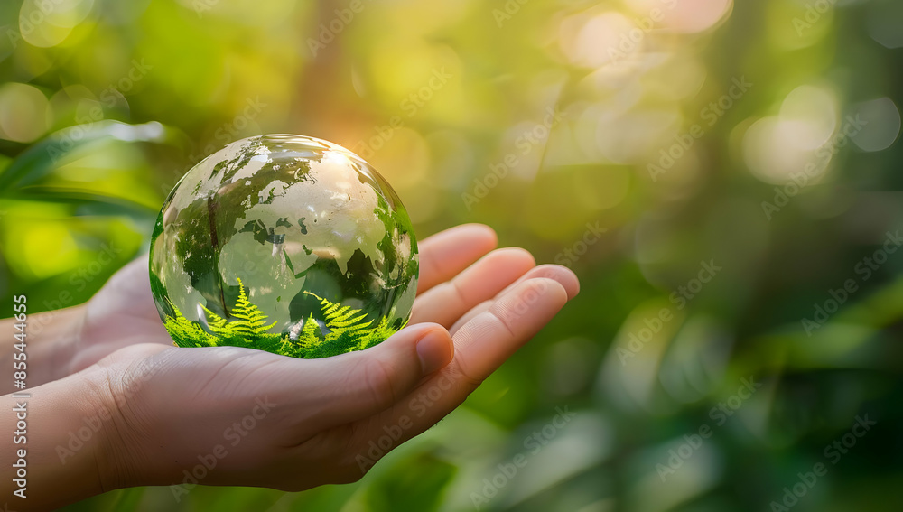 Hands holding a glass globe with green foliage, symbolizing environmental care and sustainability. Hands holding a glass globe with green foliage, symbolizing environmental care and sustainability.