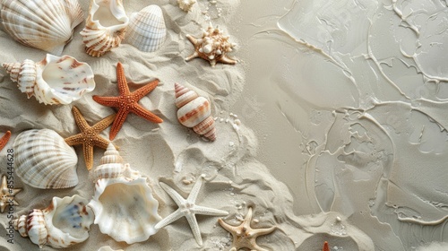 Liquid art event featuring macro photography of seashells, starfish, and arthropods on sandy beach. Patterns inspired by carmine petals and fictional characters in peach hues AIG50 photo