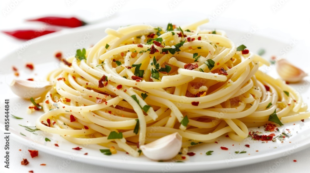 Plate of spaghetti aglio e olio with garlic and cheese Plate of spaghetti aglio e olio with garlic and cheese