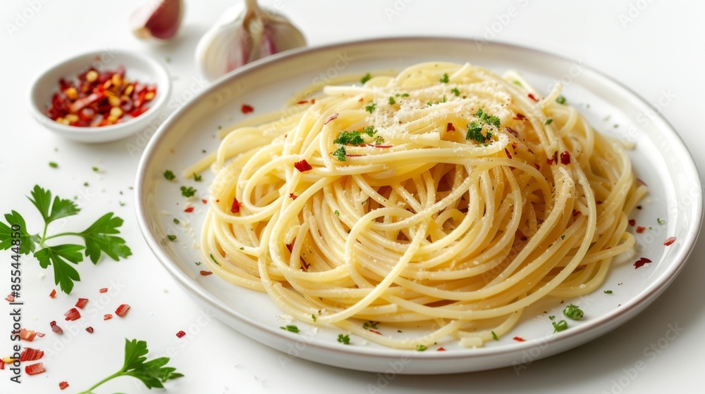 Plate of spaghetti aglio e olio with garlic and cheese Plate of spaghetti aglio e olio with garlic and cheese
