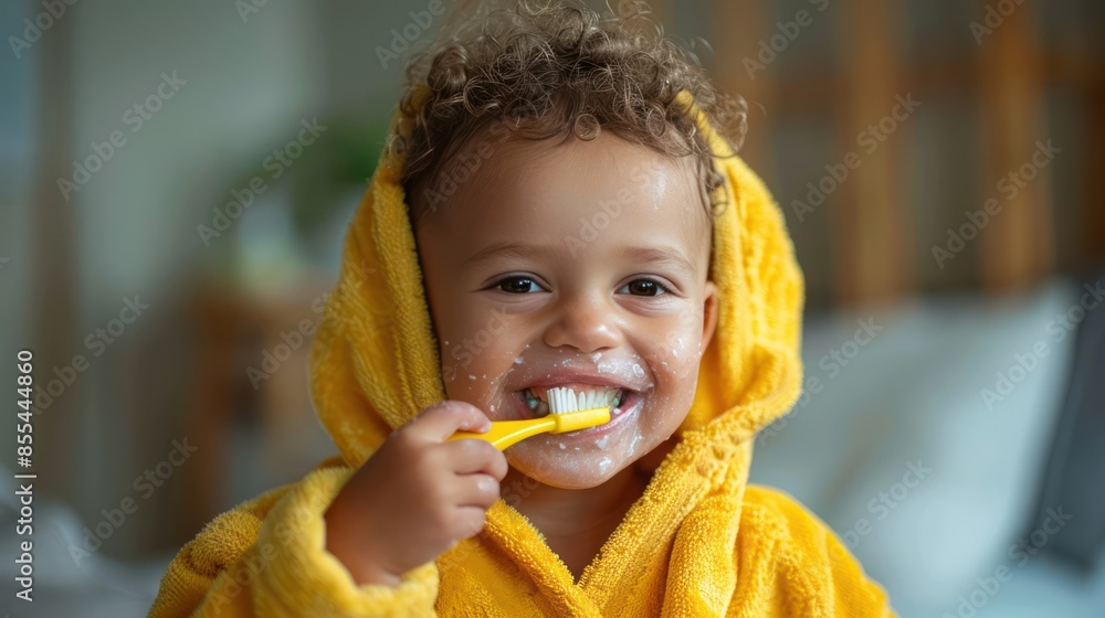 Happy Kid Brushing Teeth in Yellow Bathrobe Happy Kid Brushing Teeth in Yellow Bathrobe