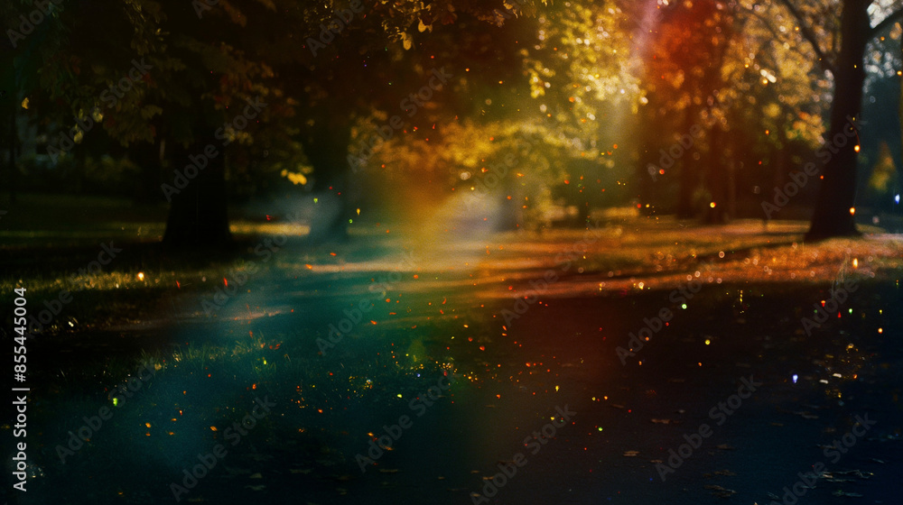 Obraz premium Photograph of the luminous rainbow park on black background, very small and blurry in center of frame, textured and grainy