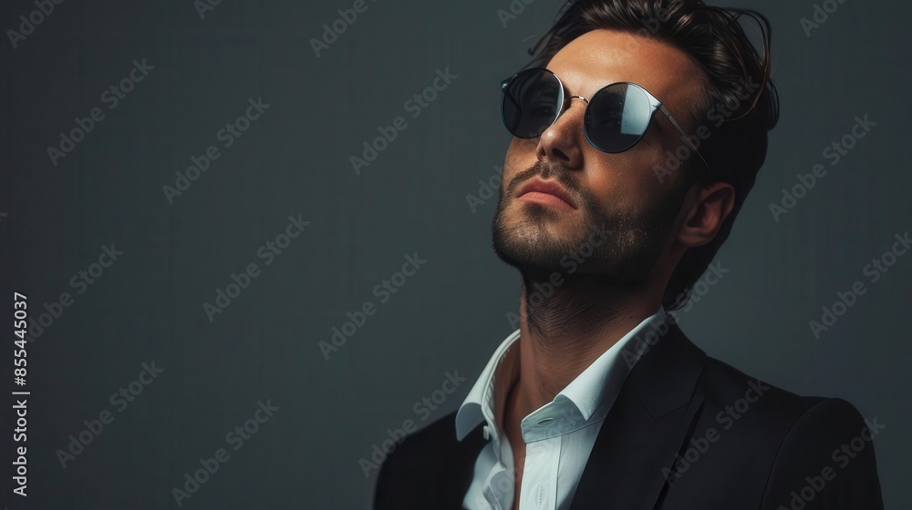 stylish man in sophisticated attire round sunglasses exuding modern elegance gray background aigenerated portrait stylish man in sophisticated attire round sunglasses exuding modern elegance gray background aigenerated portrait