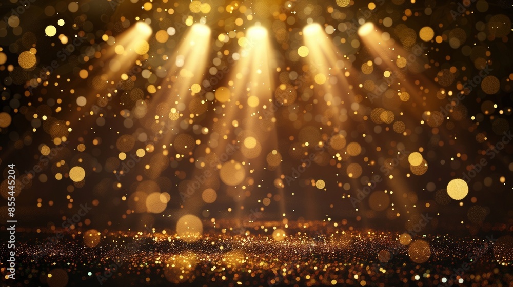 Naklejka premium Gold lights rays scene background, bokeh effect, presentation concept