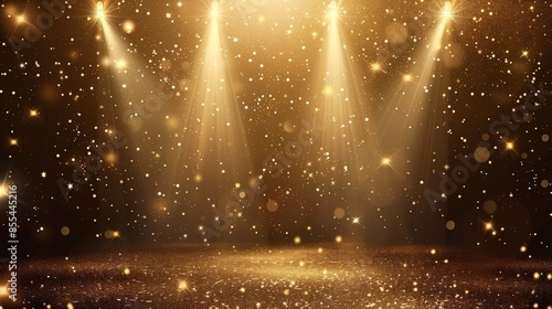 Gold lights rays scene background, bokeh effect, presentation concept