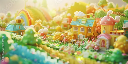  Tiny cute isometric A beautiful rainbow village morning scene. Sunlight shines on the golden wheat field and dozens of small animals are busy. Describe the rainbow village morning scene © rajagambar99