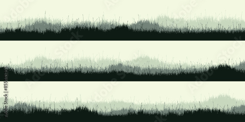 Meadow silhouettes with grass, plants on plain. Panoramic summer lawn landscape with herbs, various weeds. Herbal border, frame. Nature background. Green horizontal banner. Vector illustration