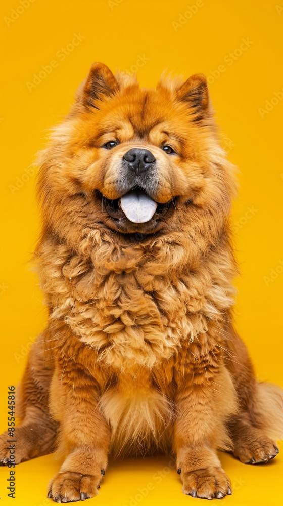 Chow Chow dog sitting with tongue out on yellow background, studio shot. Pet portrait and cute animals concept Chow Chow dog sitting with tongue out on yellow background, studio shot. Pet portrait and cute animals concept