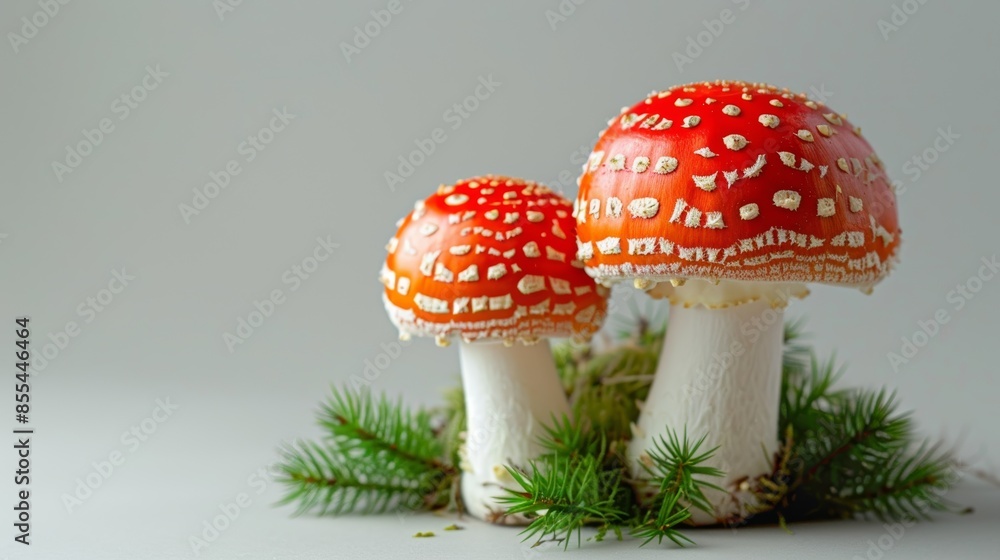 Obraz premium Two Bright Red Fly Agaric Mushrooms with Pine Needles on Gray Background