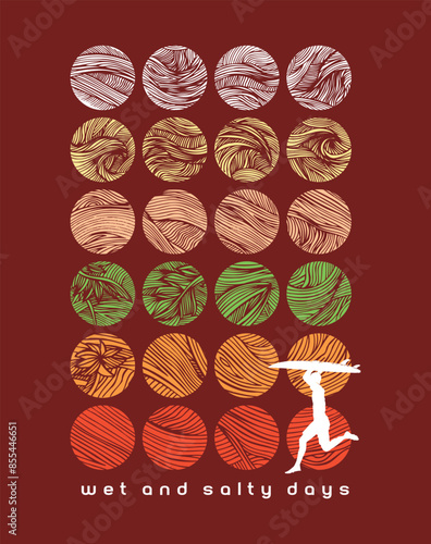 Vector illustration of background with textured geometric elements and silhouette of surfer running with board.