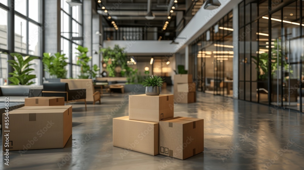 Modern Office Lobby with Cardboard Boxes and Greenery Modern Office Lobby with Cardboard Boxes and Greenery