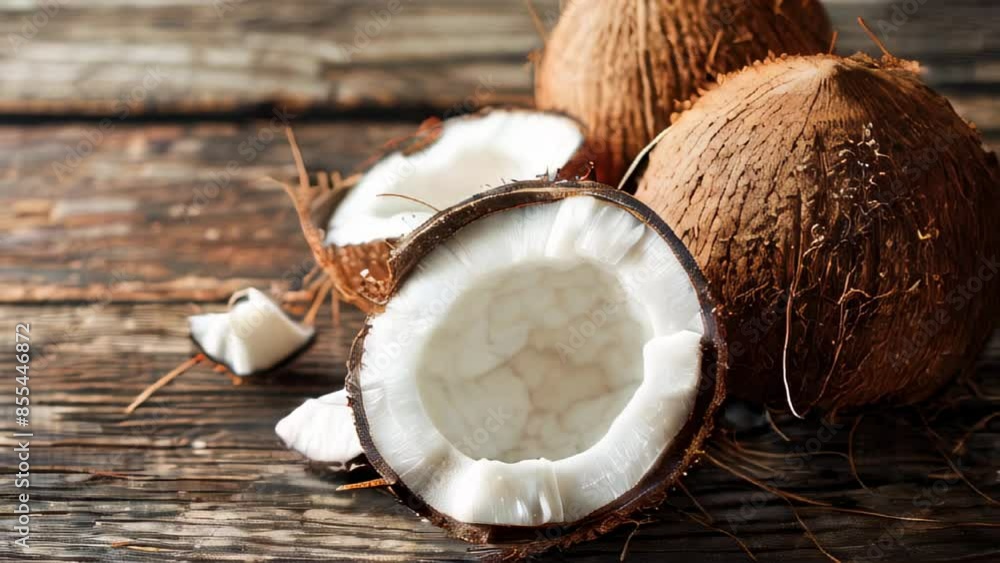 Fresh, halved coconuts on rustic wooden surface