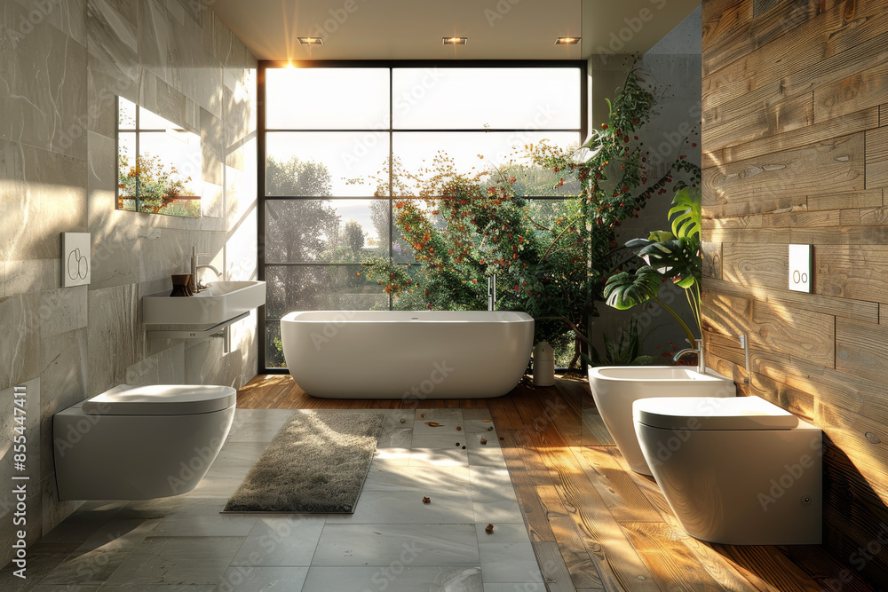 Fototapeta premium Modern bathroom with a large mirror and stylish decor