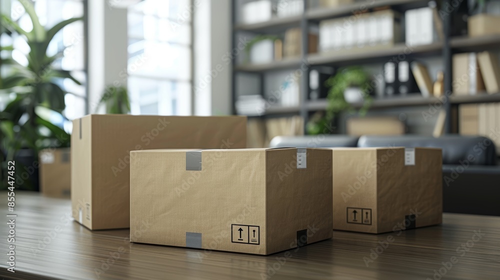 Cozy Office Interior with Cardboard Boxes on Wooden Desk and Shelves Cozy Office Interior with Cardboard Boxes on Wooden Desk and Shelves