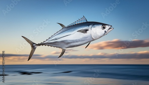  A sleek, silver tuna fish depicted mid-leap above the ocean surface, with a smooth, gradient © Jay Kat.