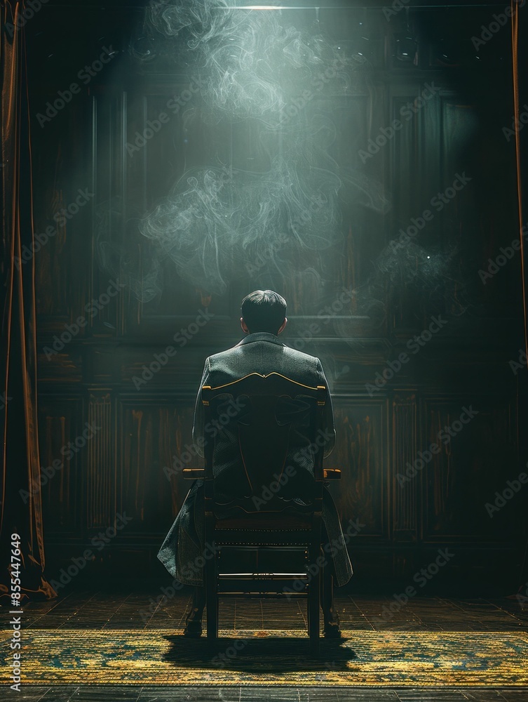 Mysterious Man Sitting in Chair Surrounded by Smoke in a Surreal Setting with Travel and Artistic Vibes Mysterious Man Sitting in Chair Surrounded by Smoke in a Surreal Setting with Travel and Artistic Vibes