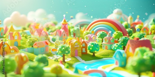 Tiny cute isometric A beautiful rainbow village morning scene. Sunlight shines on the golden wheat field and dozens of small animals are busy. Describe the rainbow village morning scene