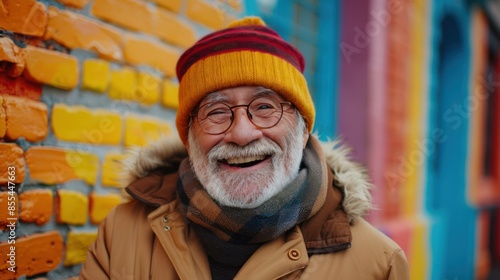 Cheerful Senior Man Laughing on Colorful City Street