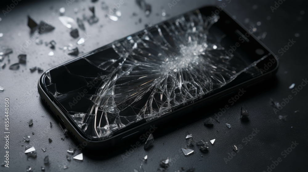 Close-Up of a Shattered Smartphone Screen with Cracks Radiating from Impact Point Close-Up of a Shattered Smartphone Screen with Cracks Radiating from Impact Point