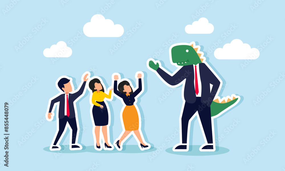 Corporate dinosaur an outdated boss refusing change, a bad leader, an ancient office problem, concept of A funny dinosaur raptor businessman chats with colleagues in the office Corporate dinosaur an outdated boss refusing change, a bad leader, an ancient office problem, concept of A funny dinosaur raptor businessman chats with colleagues in the office