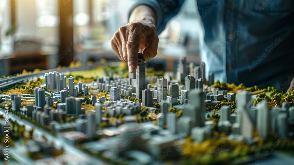 Architect Hand Planning Urban City Model with Skyscrapers and Green Spaces Architect Hand Planning Urban City Model with Skyscrapers and Green Spaces