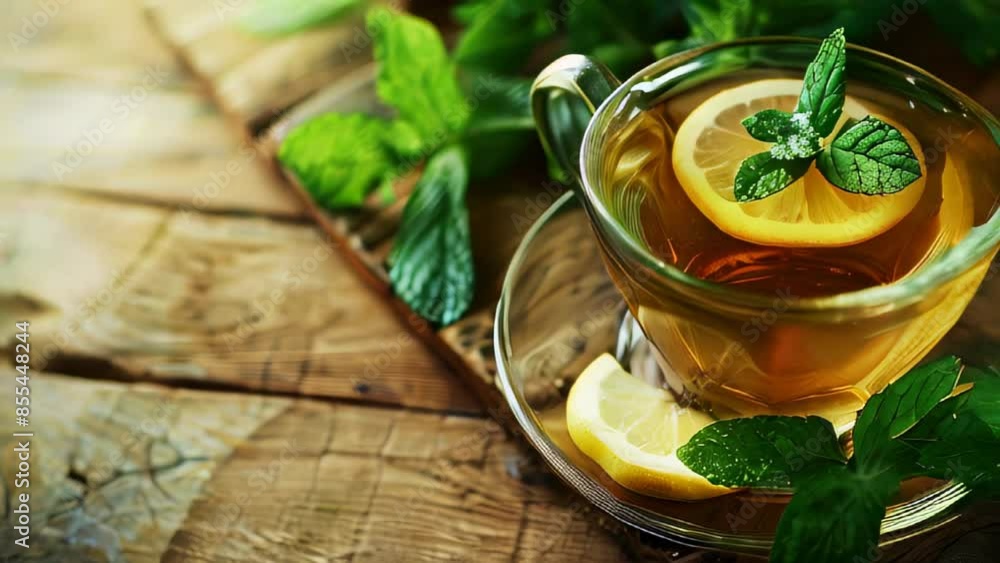 Cup of herbal tea with lemon and mint leaves on wooden table Cup of herbal tea with lemon and mint leaves on wooden table