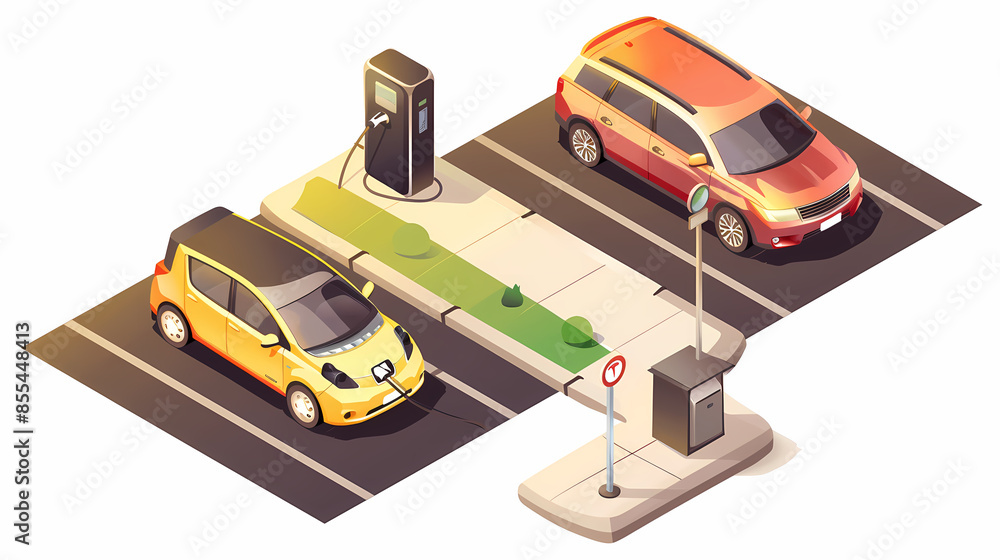 omparing electric car versus gasoline diesel car suv. Electric vehicle charging at charger stand vs. fossil car refueling petrol gas station. omparing electric car versus gasoline diesel car suv. Electric vehicle charging at charger stand vs. fossil car refueling petrol gas station.