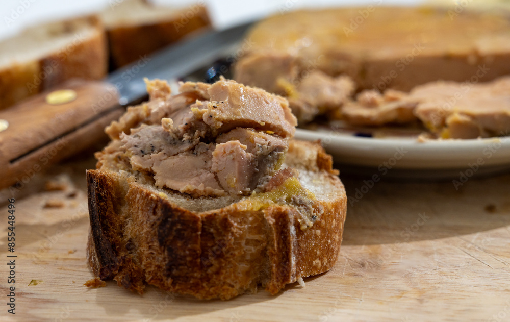 Foie gras fat liver specialty food product made of liver of a duck or goose fattened by gavage, force feeding, served in French restaurant in Perigoed, Dordogne, close up Foie gras fat liver specialty food product made of liver of a duck or goose fattened by gavage, force feeding, served in French restaurant in Perigoed, Dordogne, close up