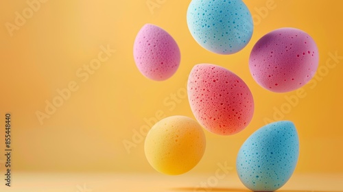 Colorful Floating Easter Eggs on a Warm Yellow Background photo
