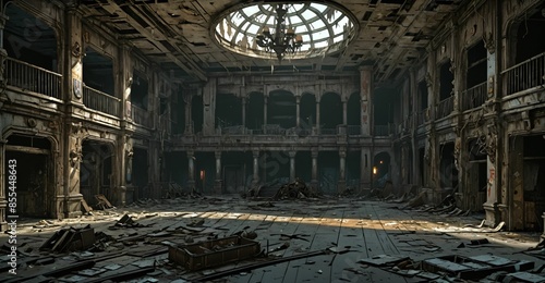abandoned gothic palace house mansion building interior. post apocalyptic old castle ruins. large empty room with rubble, junk, and debris.