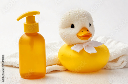 Eco friendly organic natural baby soap gel bottle with towel and yellow duck, on white background.