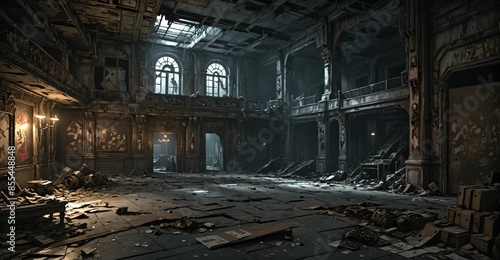 abandoned gothic palace house mansion building interior. post apocalyptic old castle ruins. large empty room with rubble, junk, and debris.