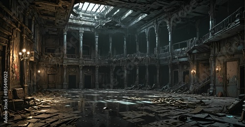 abandoned gothic palace house mansion building interior. post apocalyptic old castle ruins. large empty room with rubble, junk, and debris. © Shane Sparrow