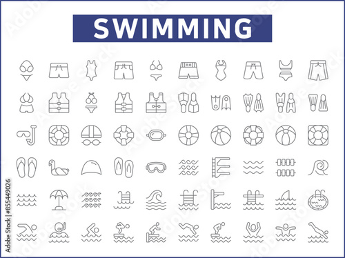 Set of swimming and pool Icons line style. Contains such Icons as diving, summer, beach activity, swimsuit, bikini, trunks, swimming cap, glasses, flippers, swim And Other Elements.