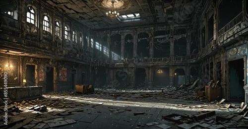 abandoned gothic palace house mansion building interior. post apocalyptic old castle ruins. large empty room with rubble, junk, and debris. © Shane Sparrow