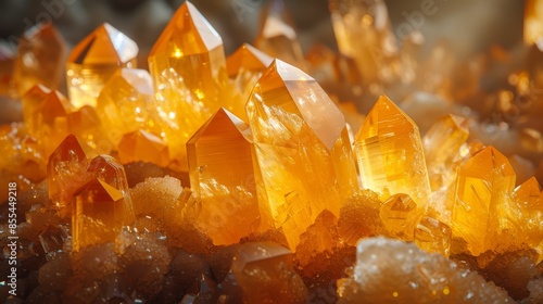 Cluster of orange citrine crystals with sparkling facets, macro photography. Natural mineral and gemstone concept photo