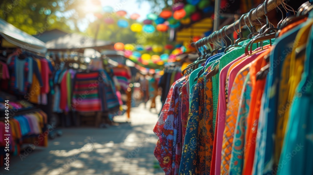 Obraz premium Vibrant Outdoor Market with Colorful Clothing and Lanterns