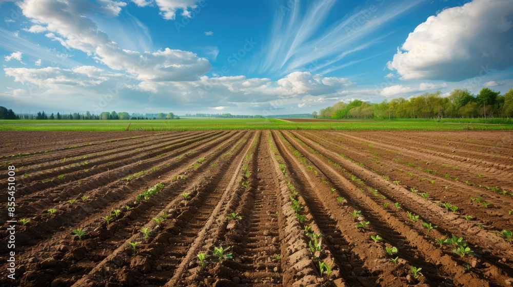 A wide and expansive field marked by brown and green stripes featuring an abundance of soil and vegetation A wide and expansive field marked by brown and green stripes featuring an abundance of soil and vegetation
