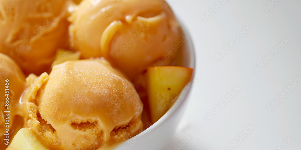 Chic salted caramel and apple sorbet, a closeup of chic salted caramel and apple sorbet, its golden color with chunks of apple against a white backdrop Chic salted caramel and apple sorbet, a closeup of chic salted caramel and apple sorbet, its golden color with chunks of apple against a white backdrop