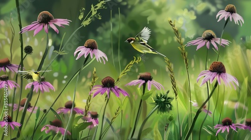 Goldfinches fluttering around purple coneflowers, close-up, late afternoon sun, peaceful garden scene, no humans photo