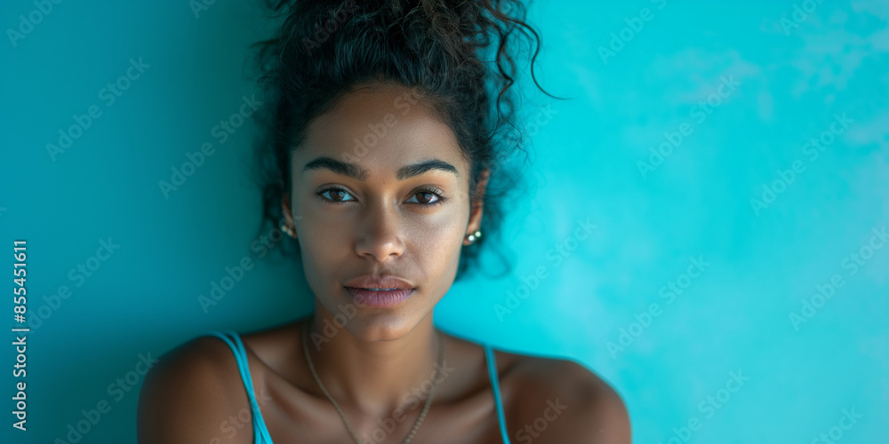 Thoughtful woman portrait on electric blue background, a natural portrait of a woman expressing thoughtful Thoughtful woman portrait on electric blue background, a natural portrait of a woman expressing thoughtful