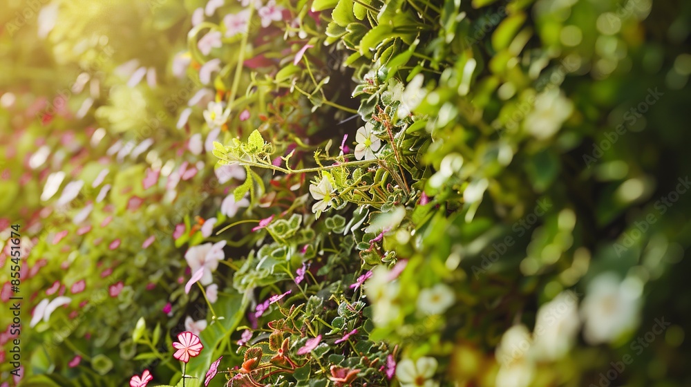 Patch of vertical garden blooms, macro perspective, soft dawn light, lively colors, tranquil, space-efficient Patch of vertical garden blooms, macro perspective, soft dawn light, lively colors, tranquil, space-efficient