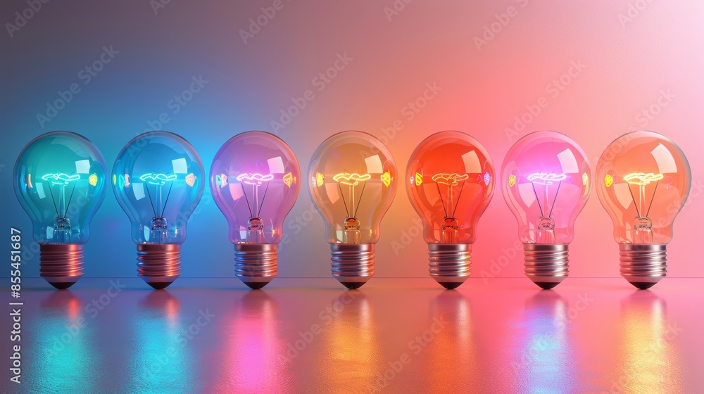 Row of colorful light bulbs on reflective surface, creative innovation concept Row of colorful light bulbs on reflective surface, creative innovation concept