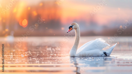 A graceful white swan swims on a calm lake at sunset. The water is shimmering and the sky is ablaze with color.