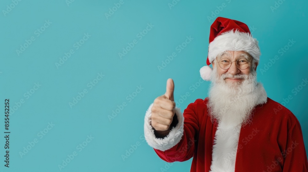 Smiling Santa Claus Giving Thumbs Up on Blue Background Smiling Santa Claus Giving Thumbs Up on Blue Background
